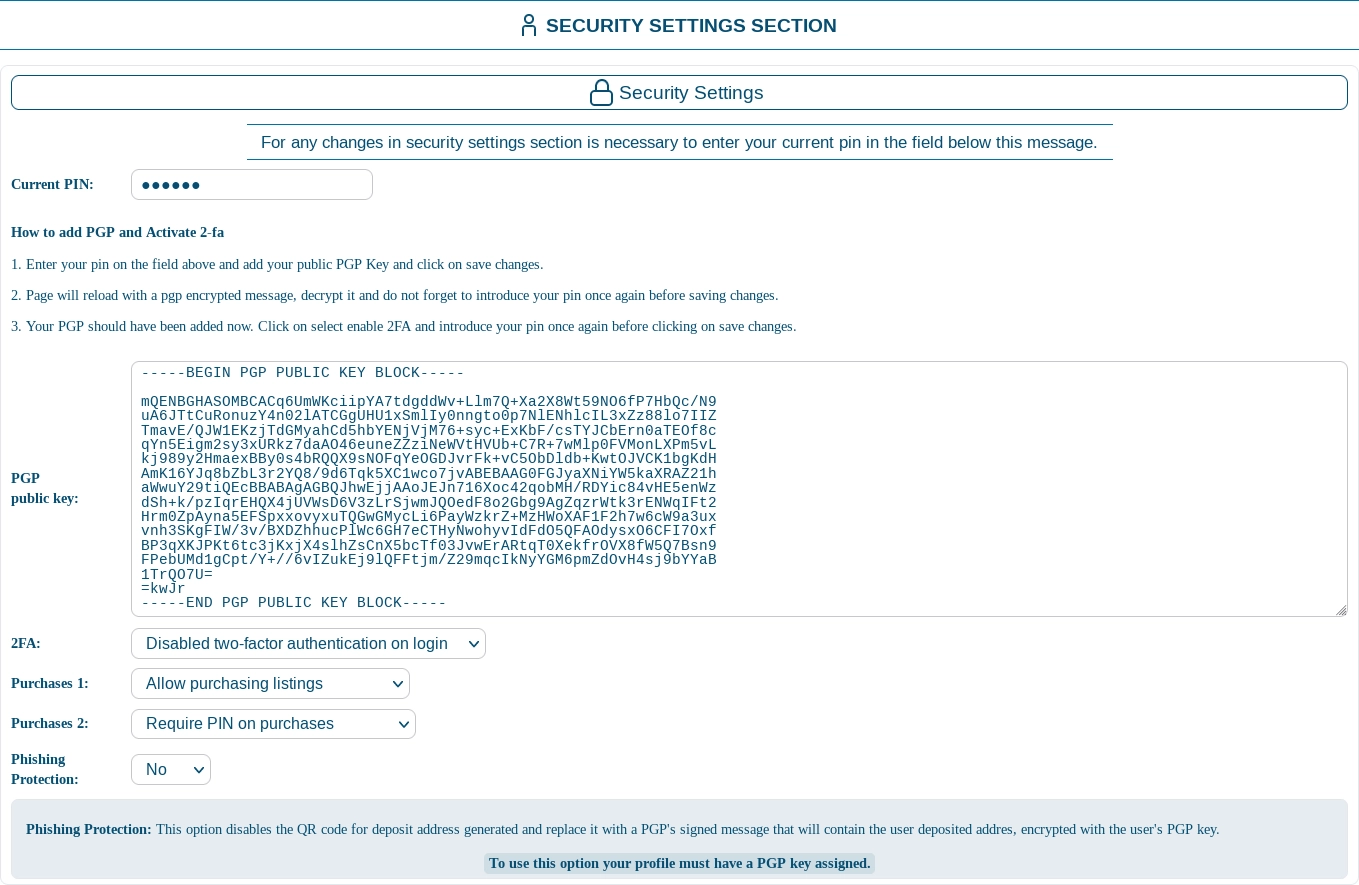 Security Settings Section Screenshot